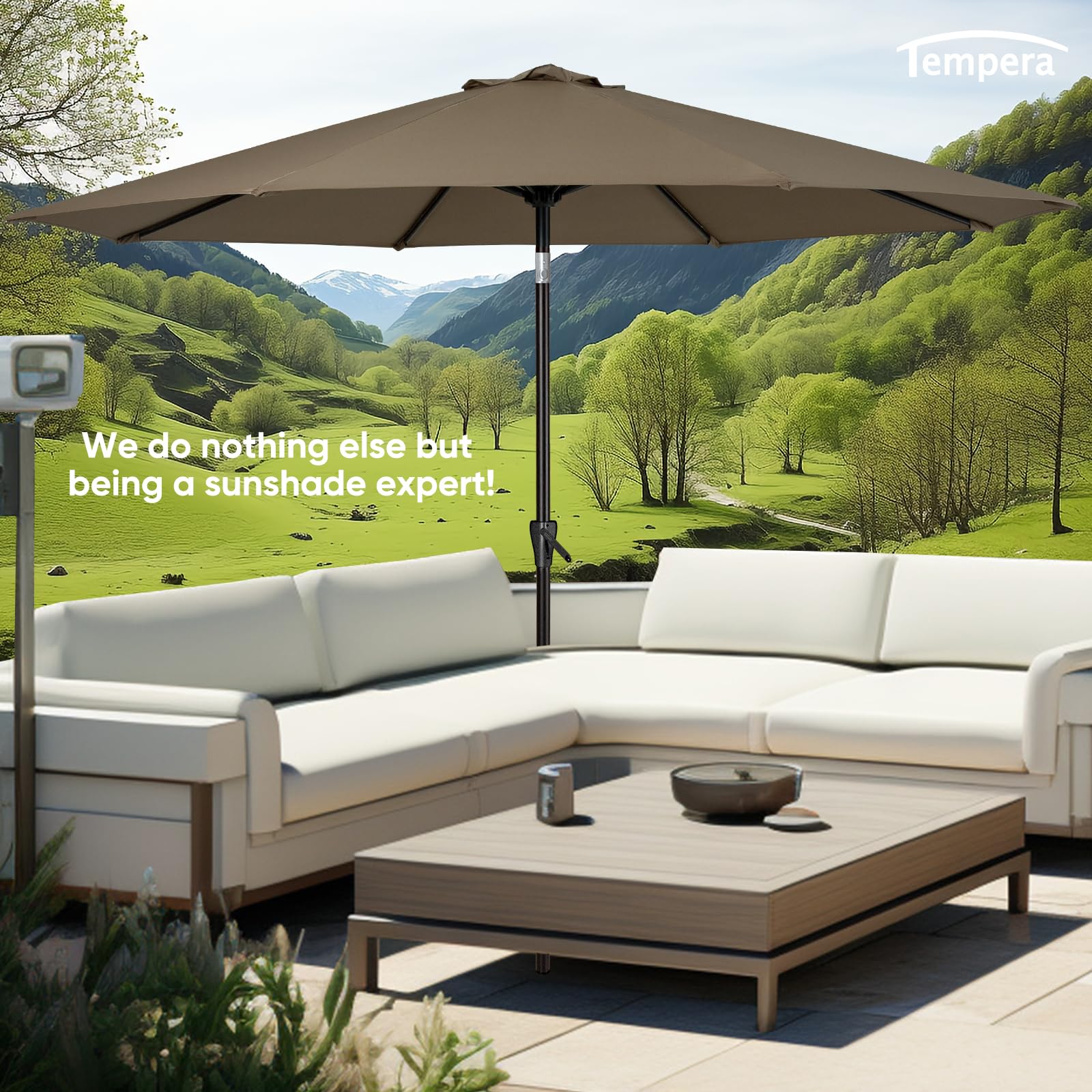 Tempera umbrella over table with chairs demonstrating suitable 6–8 person coverage benefit