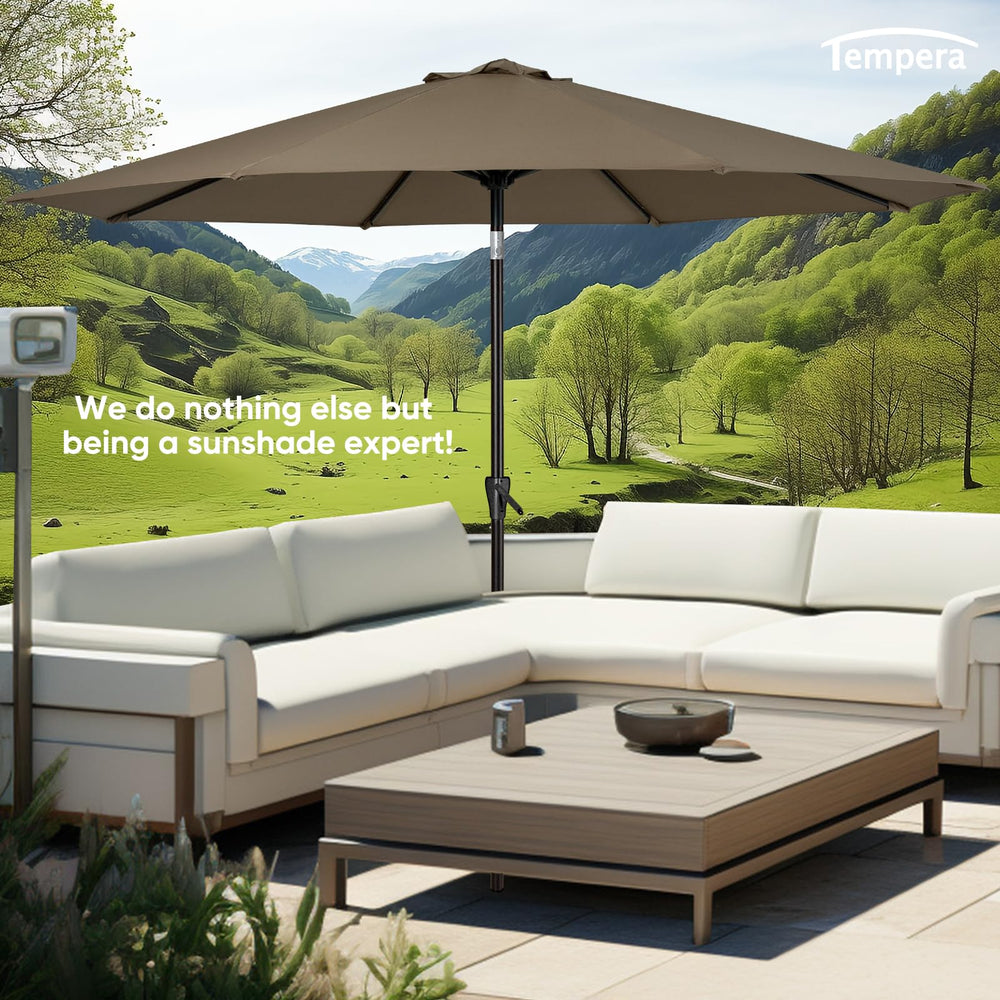 Tempera umbrella over table with chairs demonstrating suitable 6–8 person coverage benefit