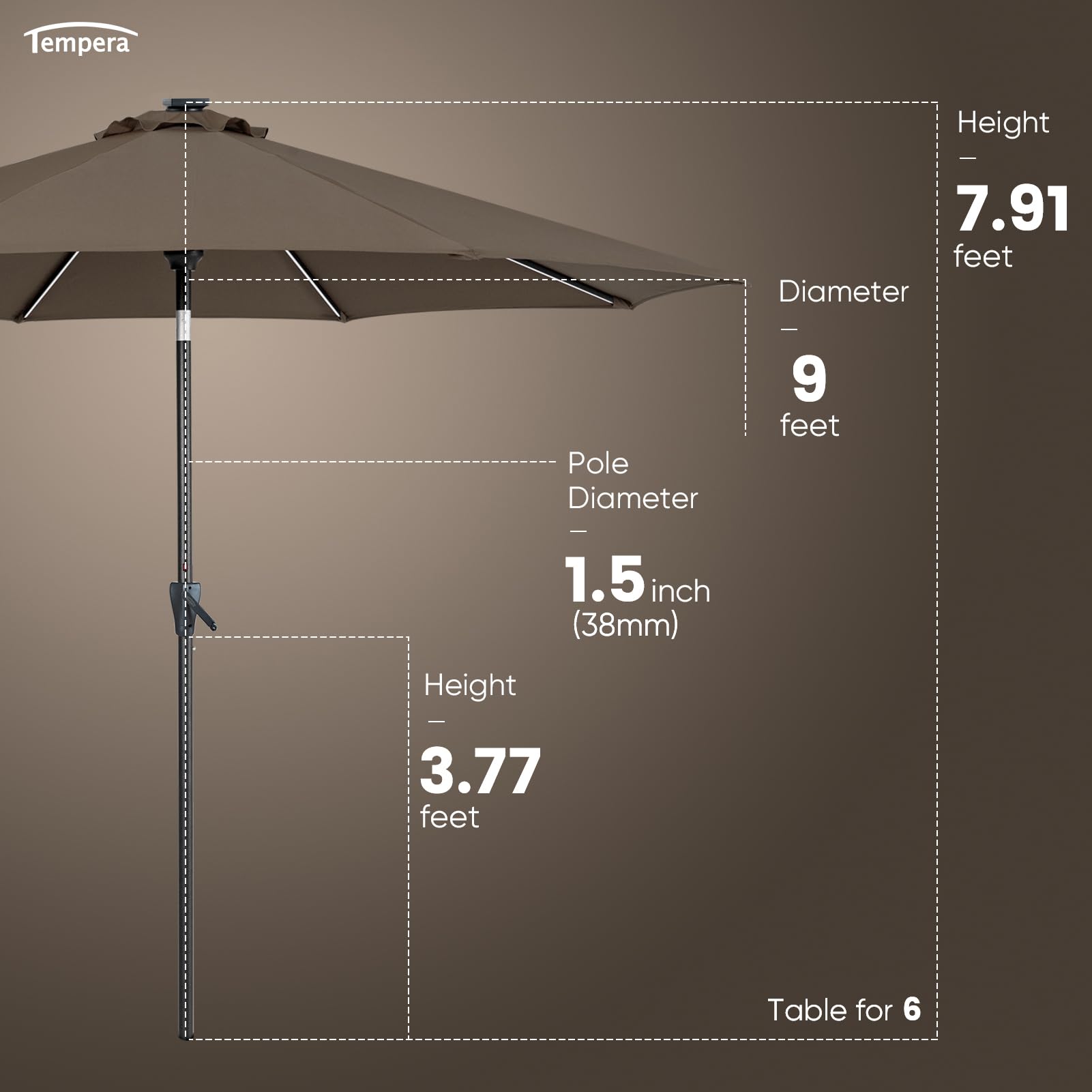 Tempera umbrella next to chairs showing 10ft scale for seating coverage