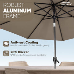 Tempera umbrella shading dining table illustrating comfortable group coverage benefit