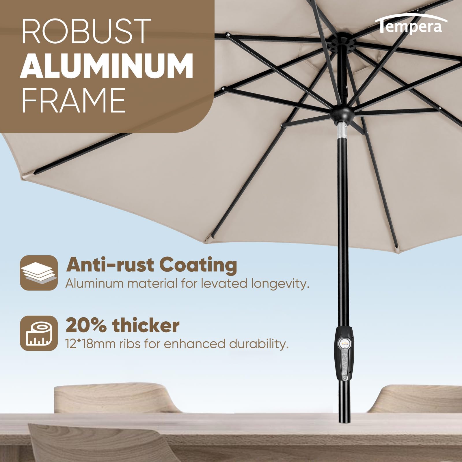 Tempera umbrella over patio dining set offering comfortable shade