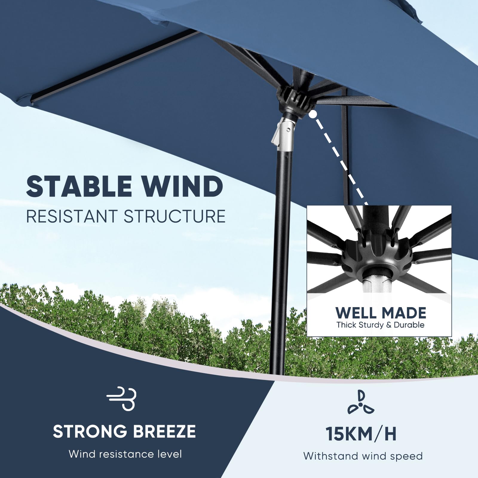 Tempera umbrella over table showing full coverage for dining benefit