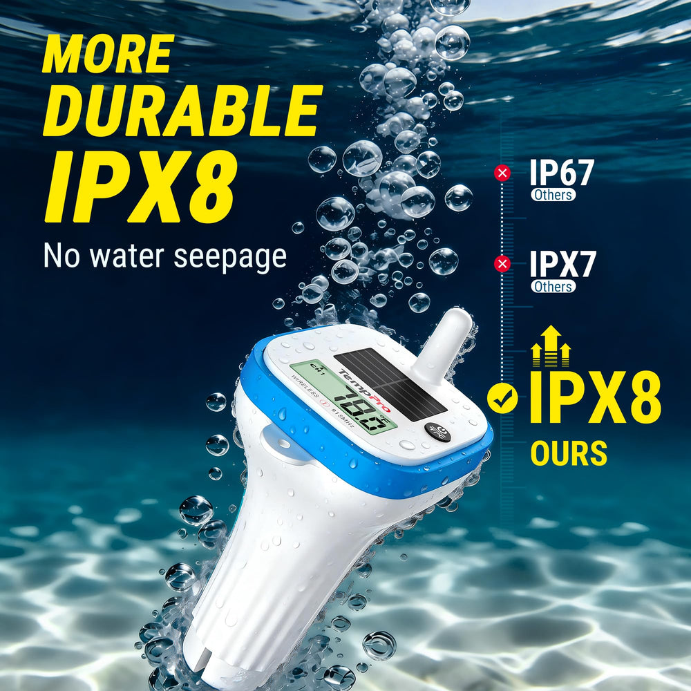 TempPro floating in pool providing fast five-second temperature updates