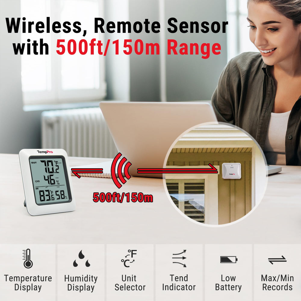 TempPro TempAir sensors mounted outdoors on a fence, long-range wireless coverage benefit