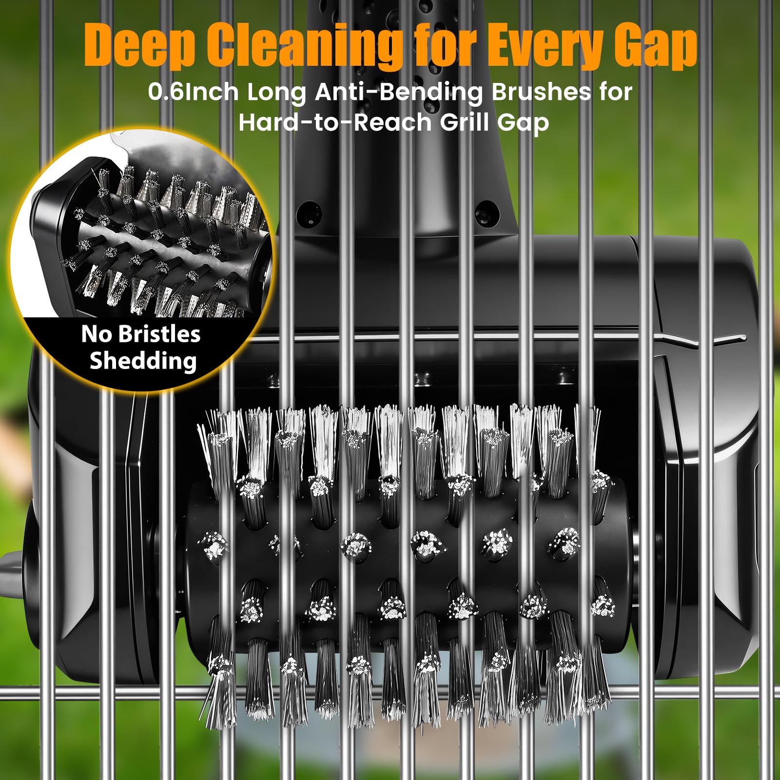 TemptLock electric brush cleaning a charcoal grill demonstrating fast removal of burnt-on food