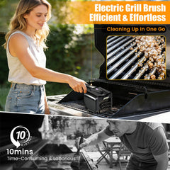 TemptLock brush LED illumination on grill grate revealing stubborn residue for precise cleaning