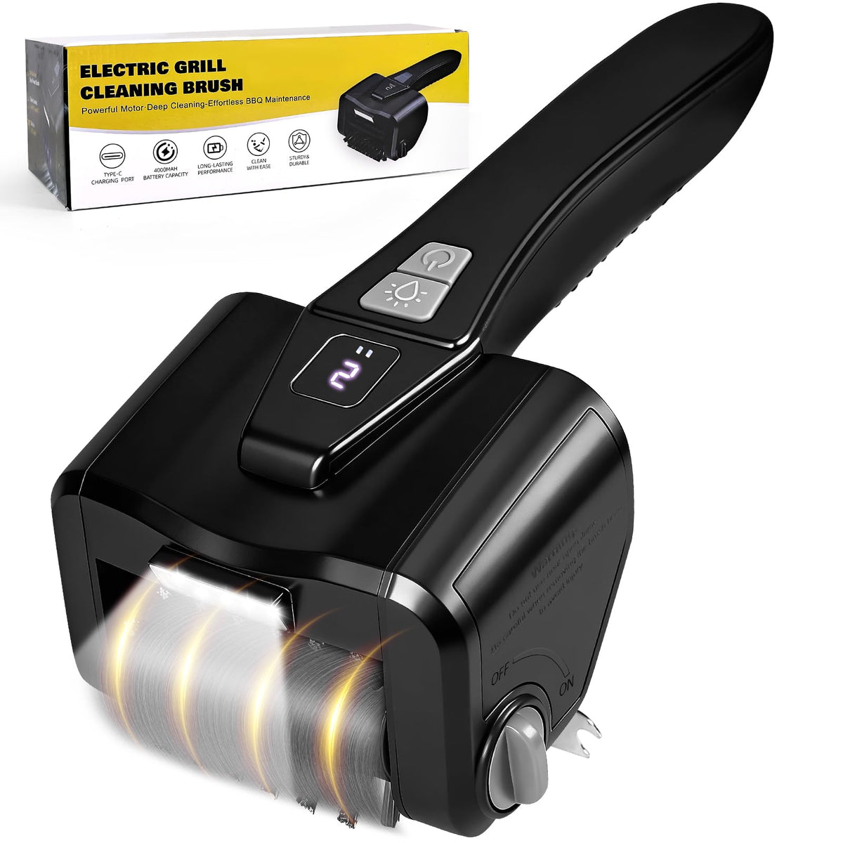 TemptLock electric grill brush front view showing ergonomic grip and cordless convenience