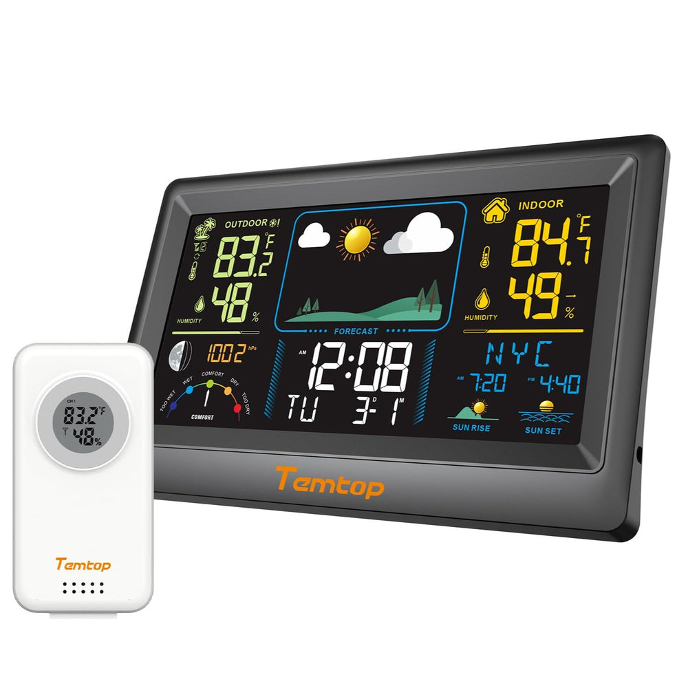 Temtop W100 Lite front display showing temperature and forecast, easy monitoring benefit