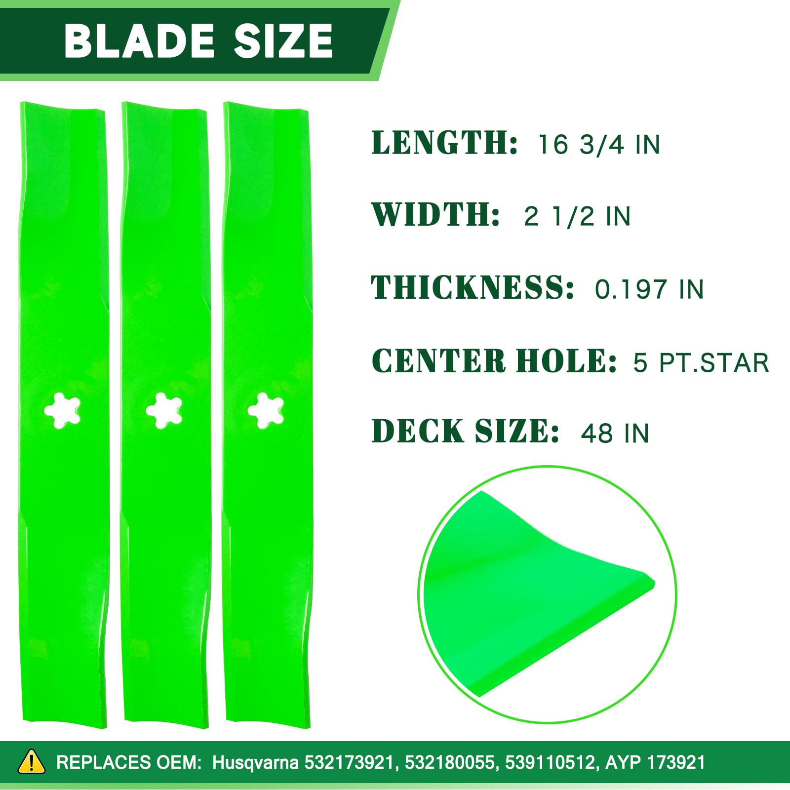 TENGMUJX mower blade top view highlighting sharp cutting edge for cleaner cut