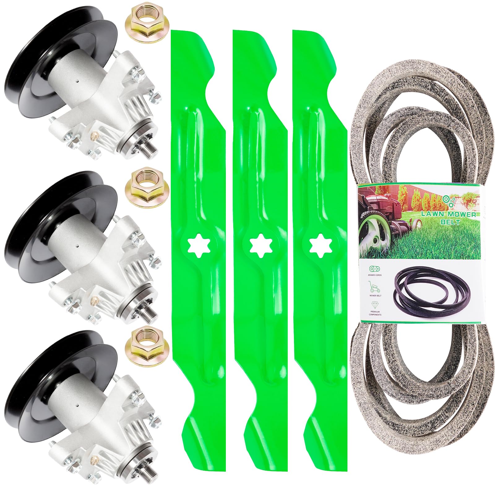 TENGMUJX kit front packaging showing included spindles blades belt — ready replacement