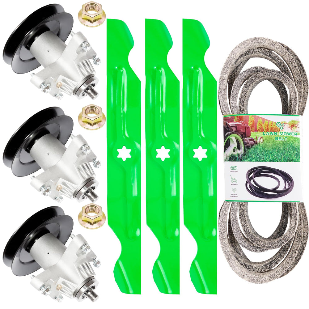 TENGMUJX kit front packaging showing included spindles blades belt — ready replacement