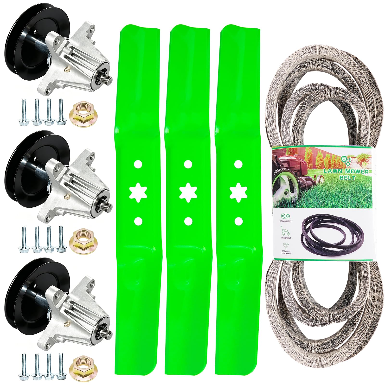 TENGMUJX front packaging of 54" deck rebuild kit showing full contents and compatibility