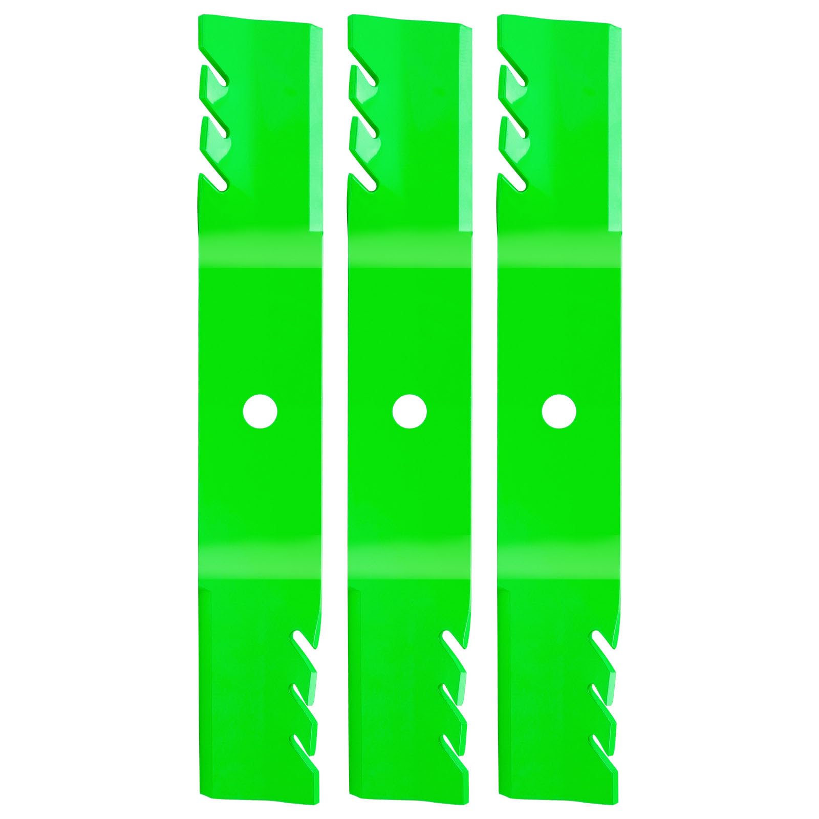 TENGMUJX front view of three replacement blades showing fit for John Deere decks and value