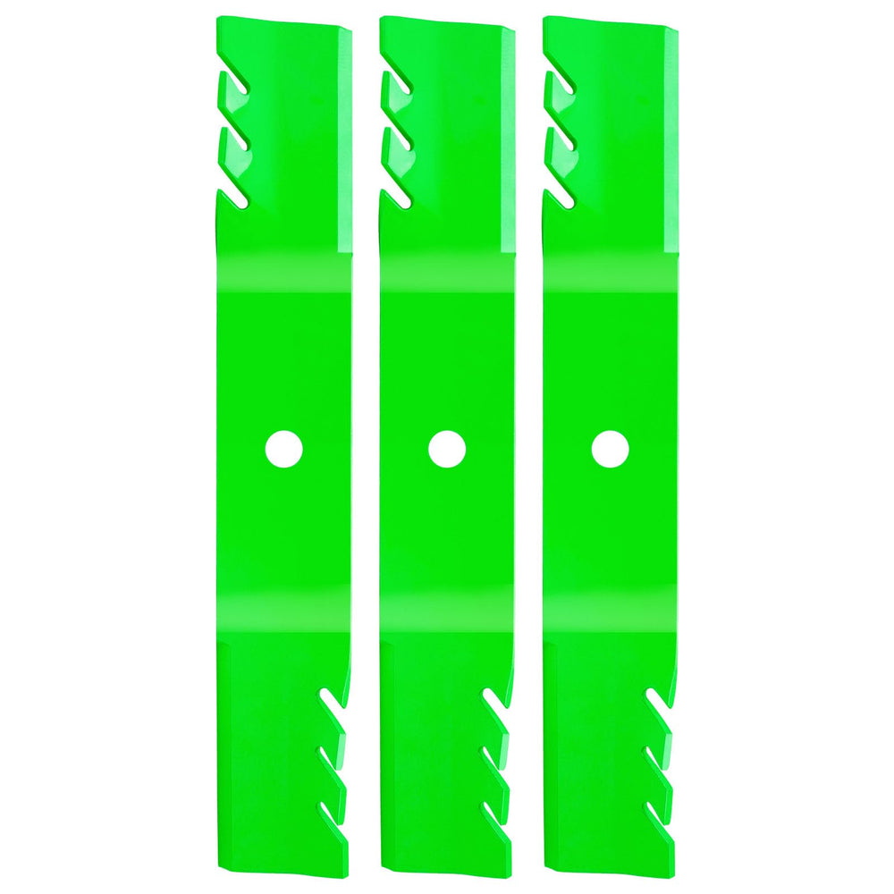 TENGMUJX front view of three replacement blades showing fit for John Deere decks and value