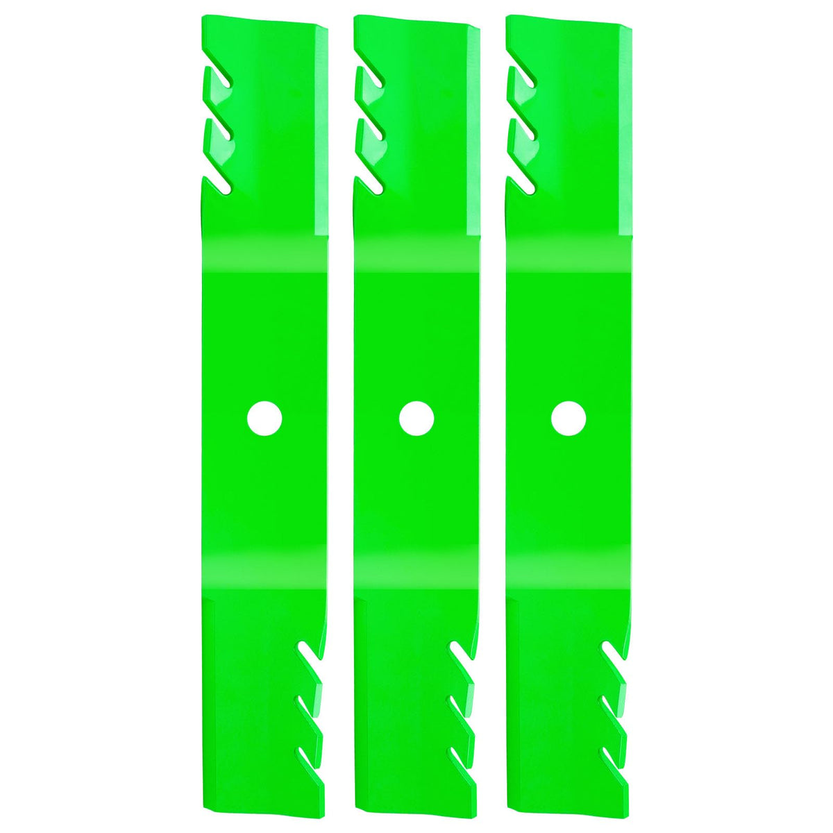 TENGMUJX front view of three replacement blades showing fit for John Deere decks and value