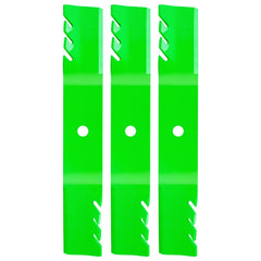 TENGMUJX front view of three replacement blades showing fit for John Deere decks and value