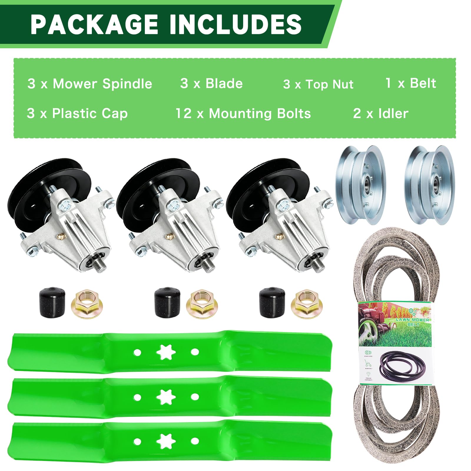 TENGMUJX complete parts laid on mower deck showing organization and easy installation benefit
