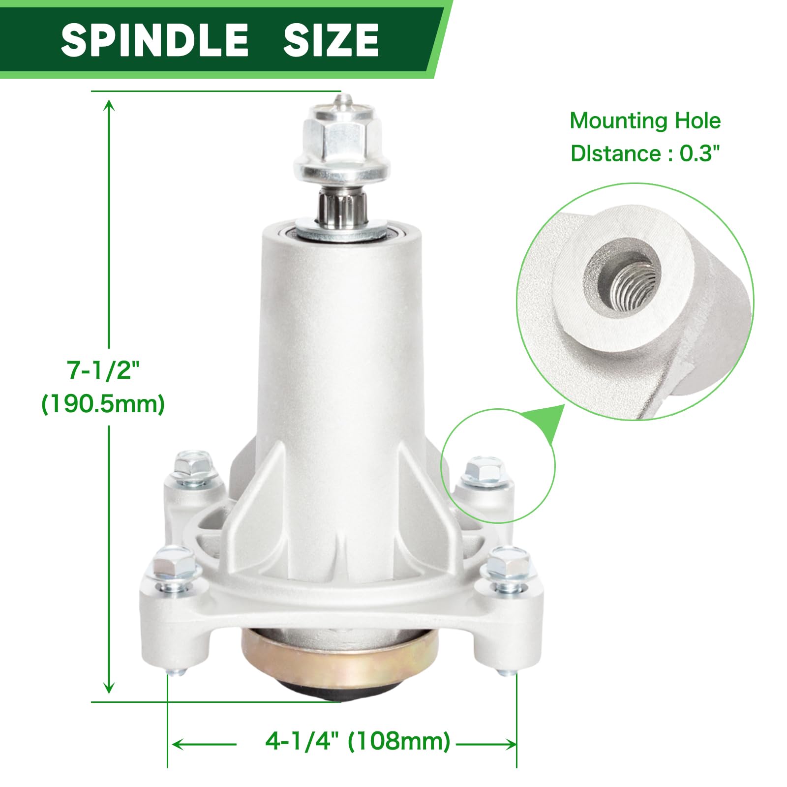 TENGMUJX spindle close-up showing bearing and hub for improved deck stability