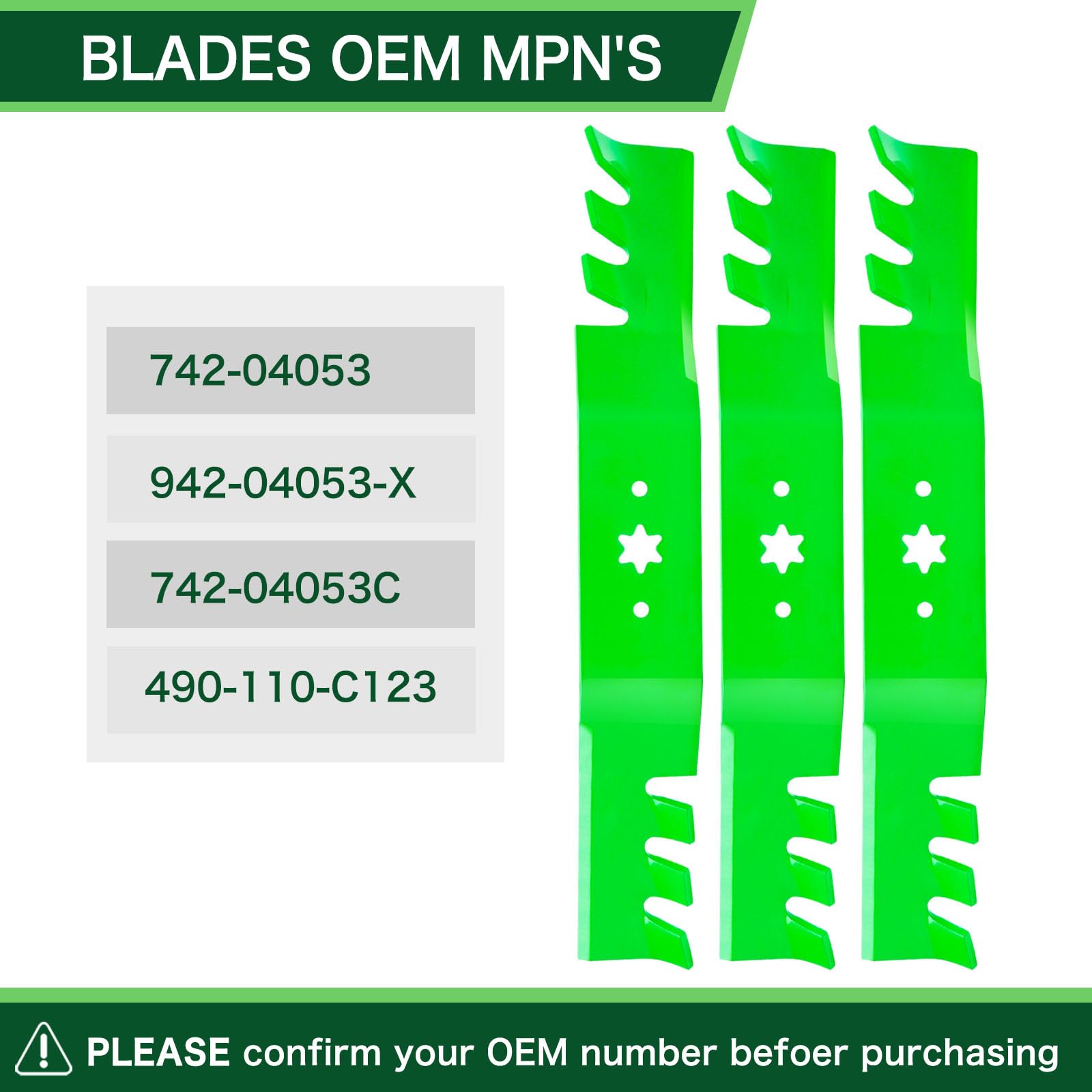 TENGMUJX three replacement blades aligned to show consistent shape for balanced mowing
