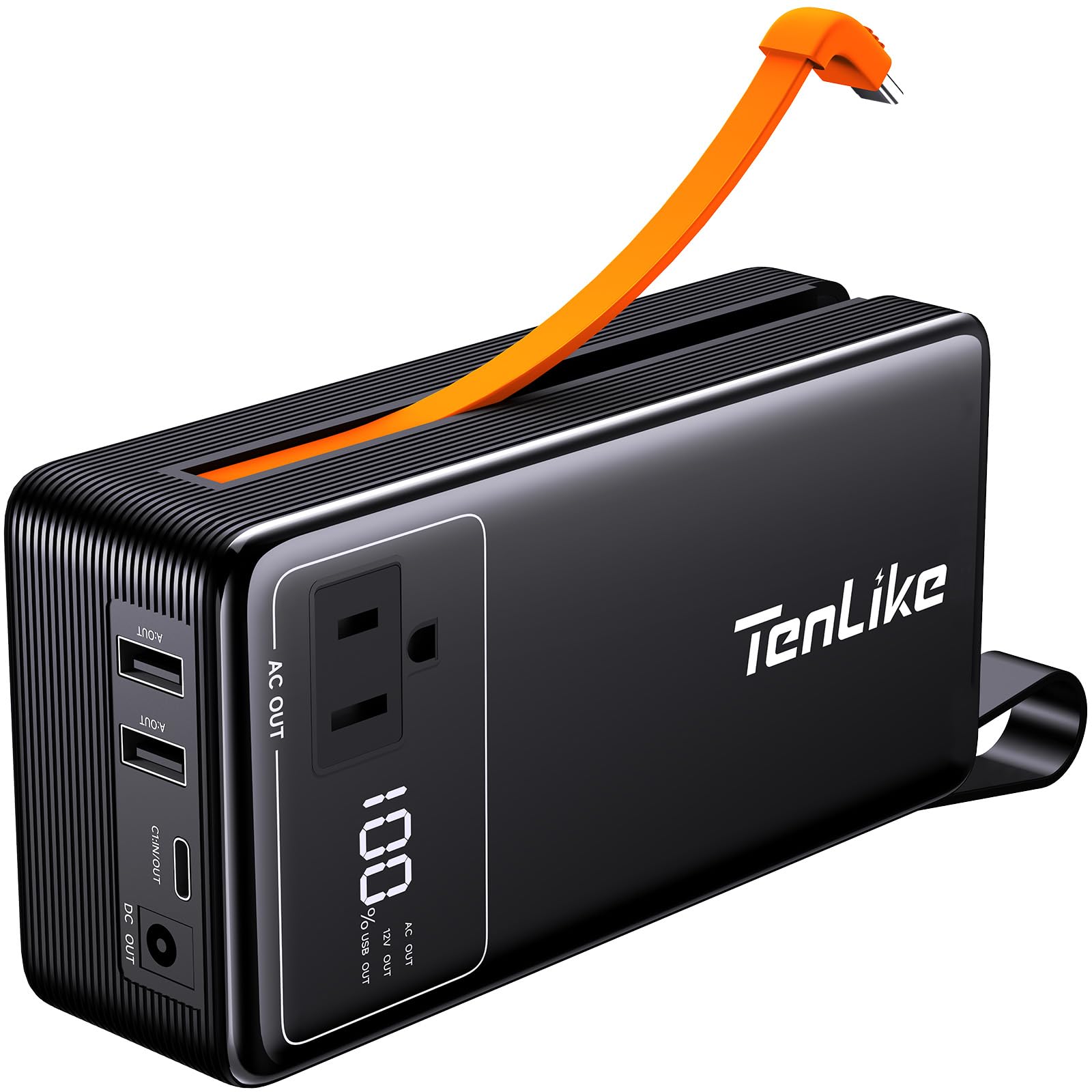 Tenlike front panel showing AC outlet and ports for versatile charging