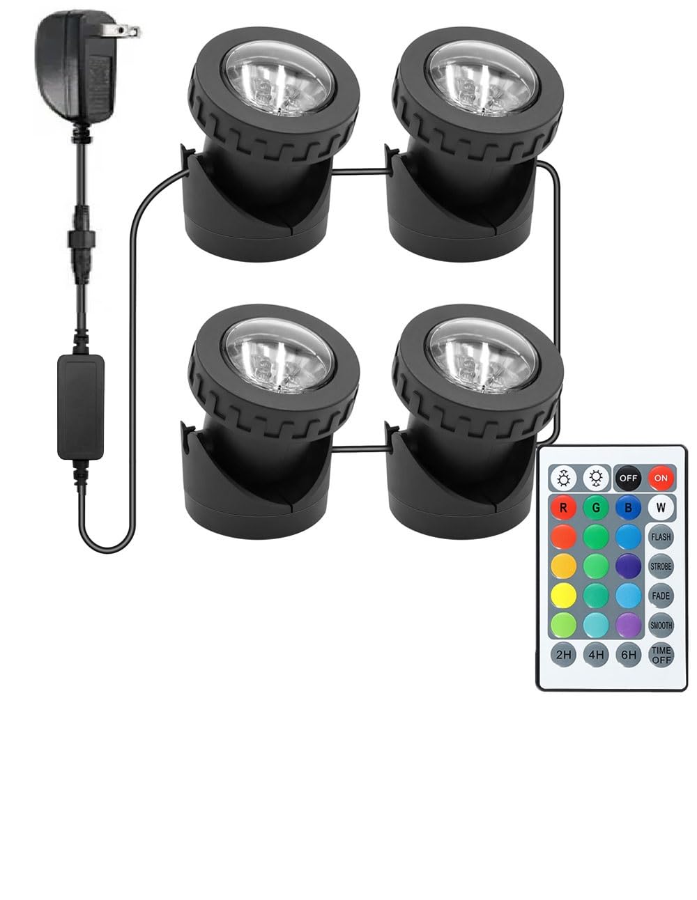 TENSUL front view of four pond lights in water showing colorful glow and ambiance
