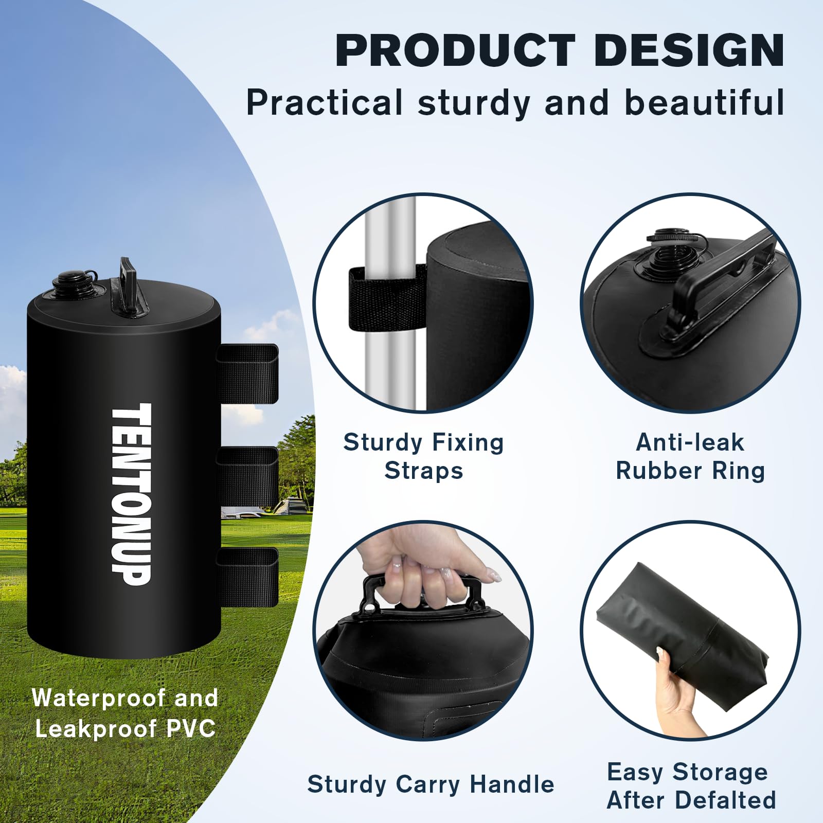 TENTONUP folded water weight bag stored flat to save space when empty