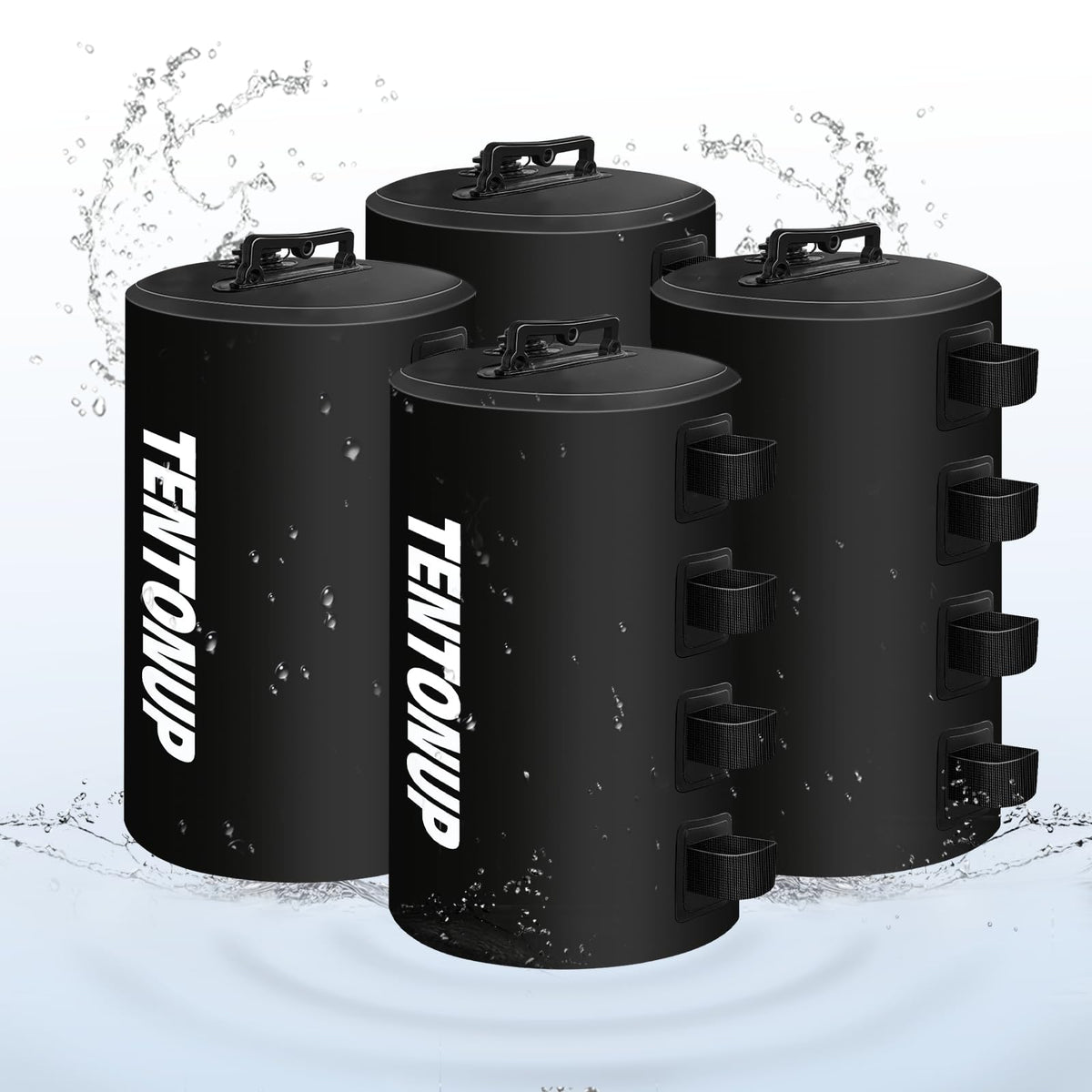TENTONUP front view of four black water weight bags showing compact design and capacity