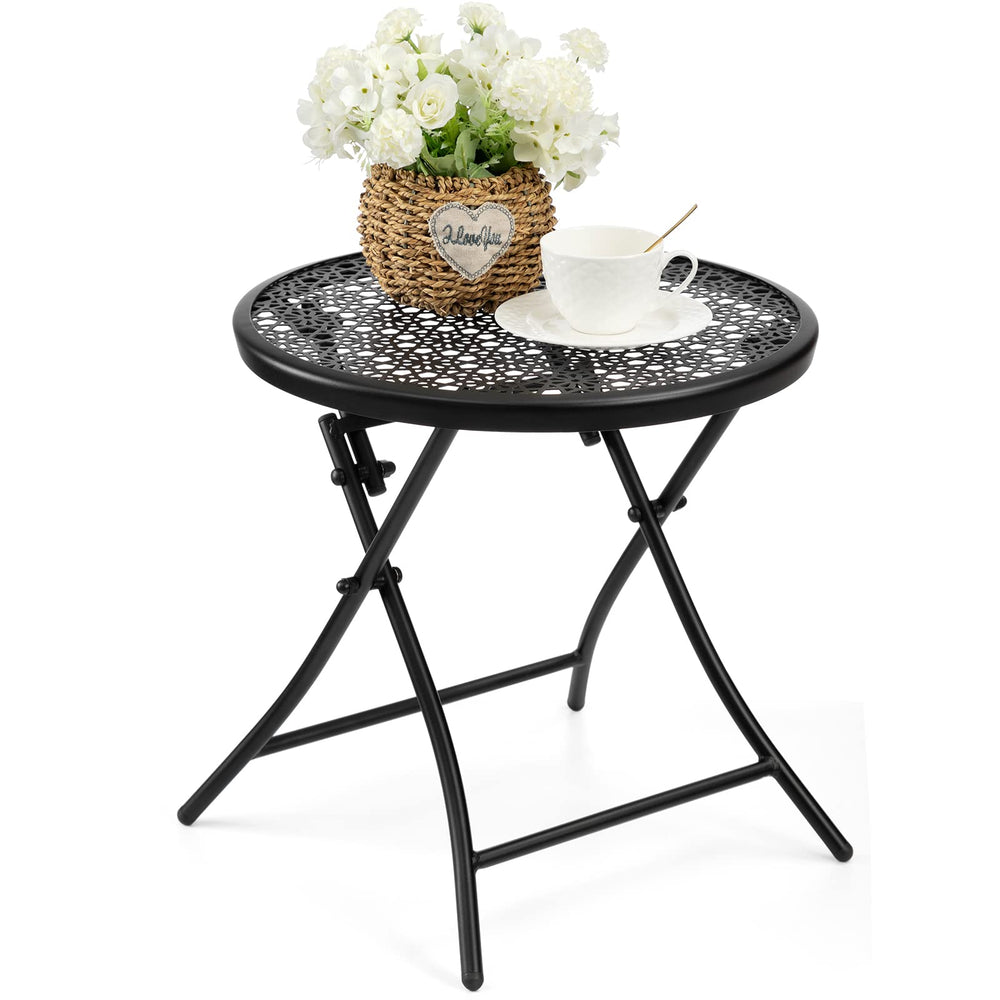 TeoKJ front view of two black folding side tables showing compact design and convenience