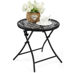 TeoKJ front view of two black folding side tables showing compact design and convenience
