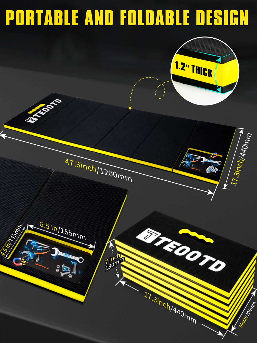 TEOOTD mat next to tools showing length and width scale benefits