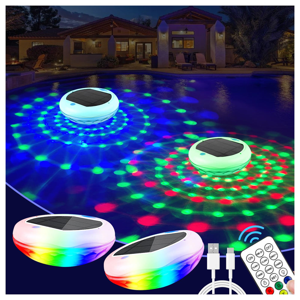 TEPENAR front view of four floating pool lights showing colorful illumination and control