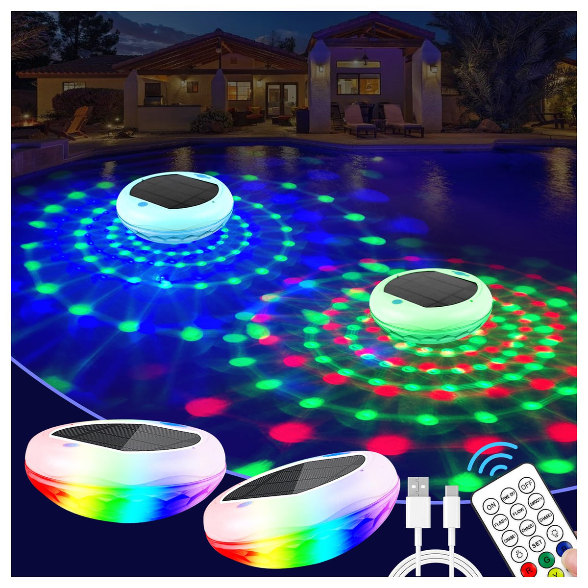 TEPENAR front view of four floating pool lights showing colorful illumination and control
