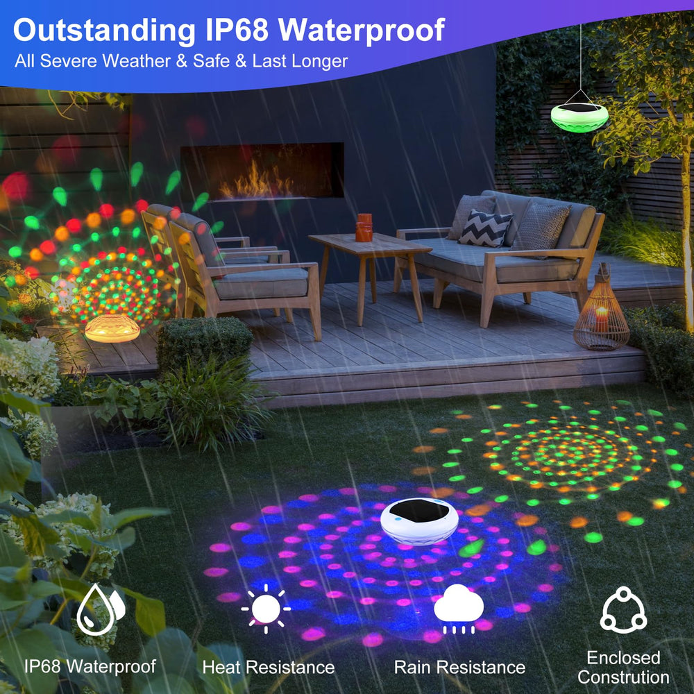 TEPENAR lights floating in a pool at night creating vibrant, customizable mood lighting
