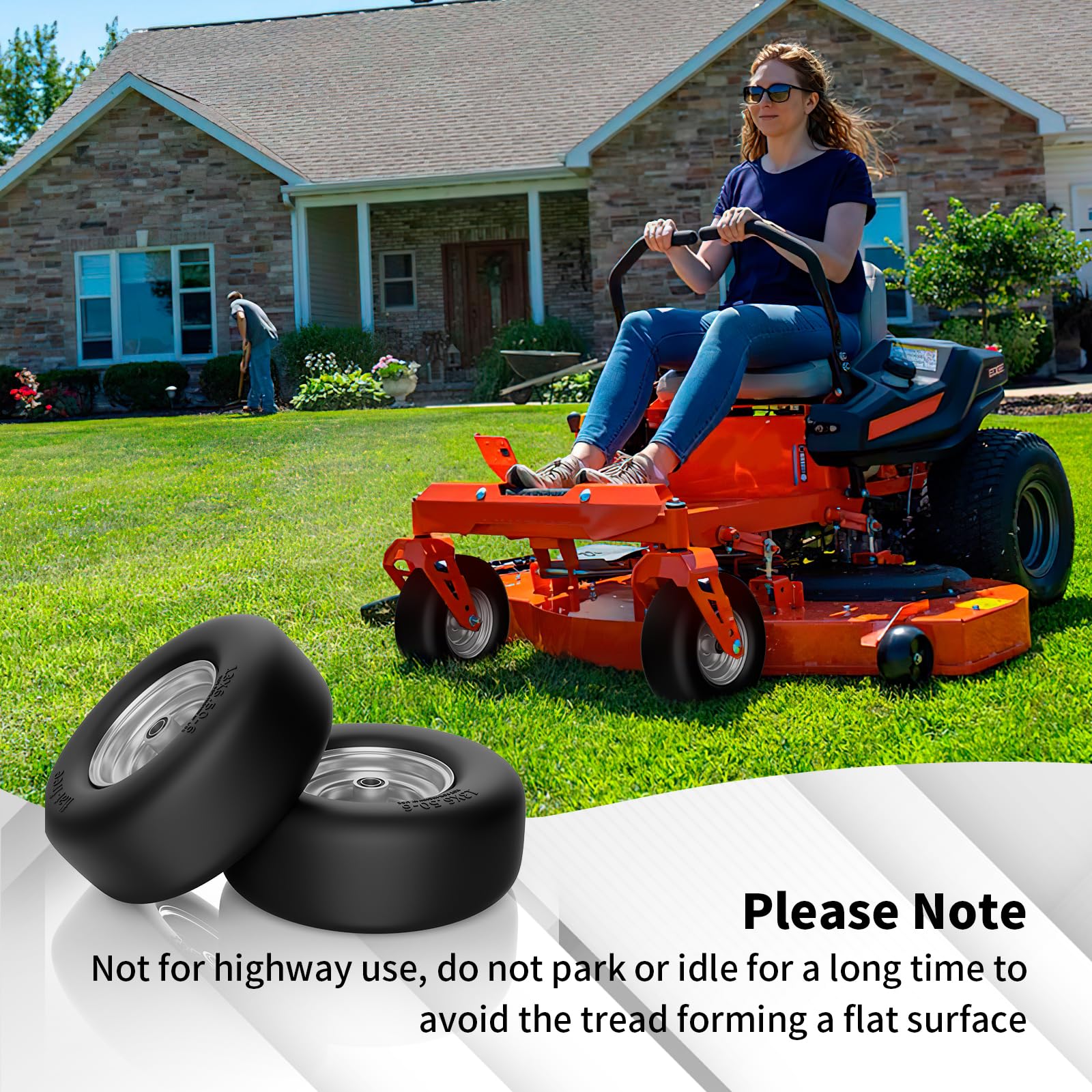TEPU wheel mounted on a zero-turn mower demonstrating maintenance-free operation