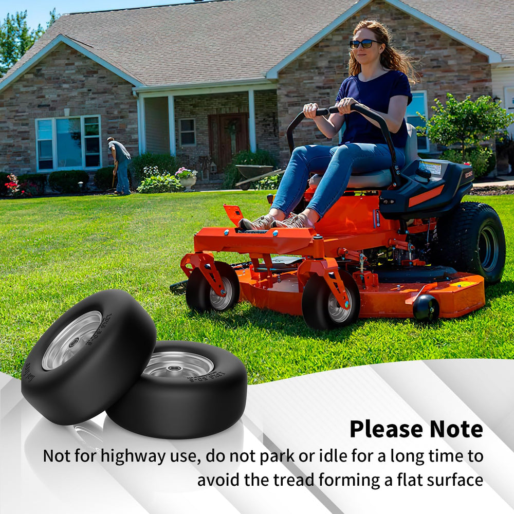 TEPU wheel mounted on a zero-turn mower demonstrating maintenance-free operation