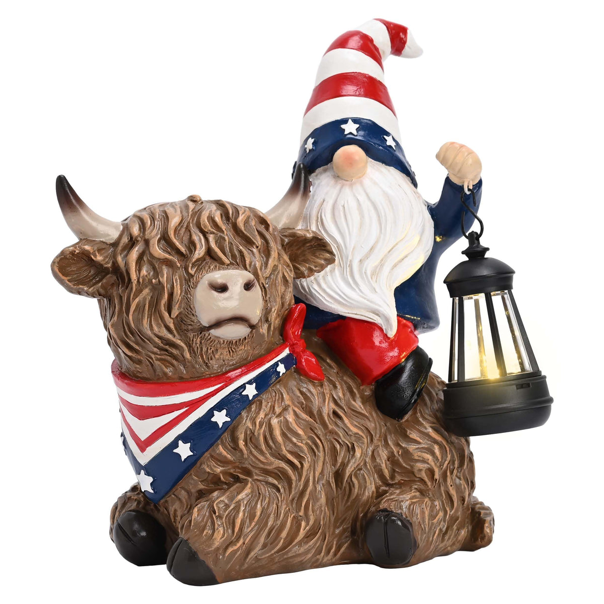 TERESA'S COLLECTIONS front view shows patriotic highland cow gnome lighting walkway