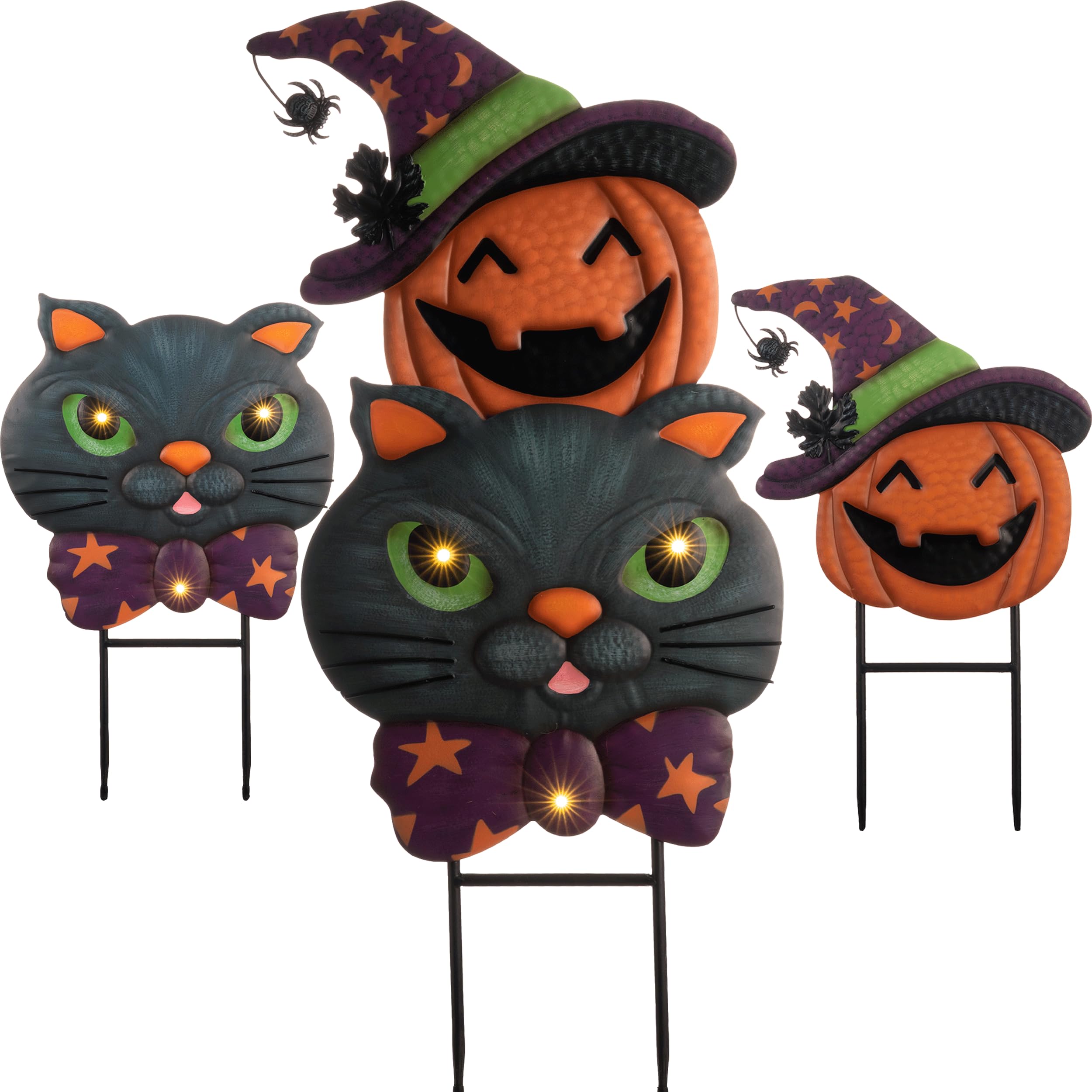 TERESA'S COLLECTIONS front view of black cat and pumpkin stake showing festive yard appeal