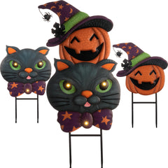TERESA'S COLLECTIONS front view of black cat and pumpkin stake showing festive yard appeal