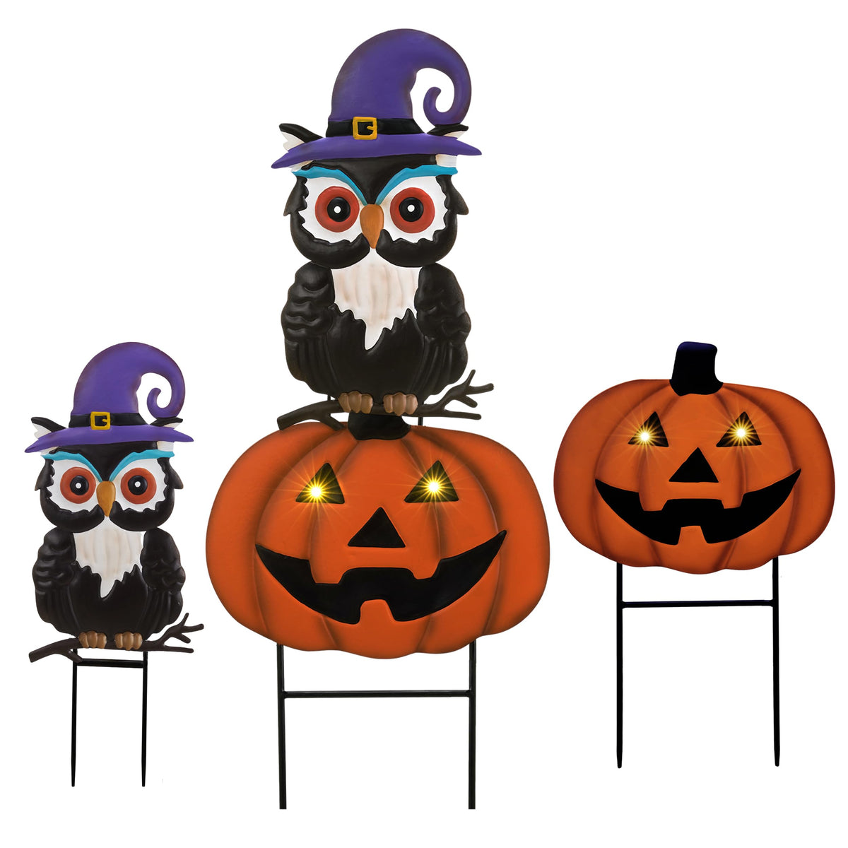 TERESA'S COLLECTIONS front view showing purple jack-o'-lantern stake and autumn appeal