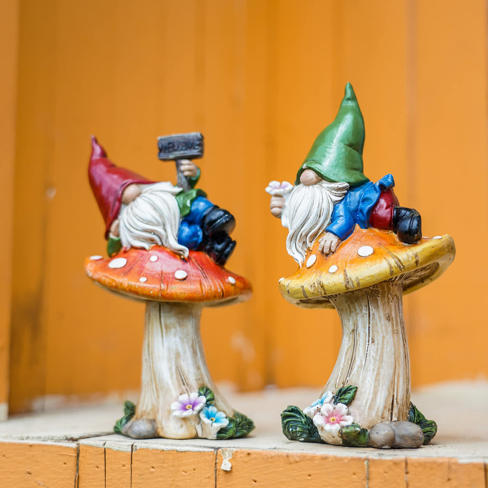 TERESA'S COLLECTIONS gnomes sitting on a porch step creating a welcoming entrance benefit