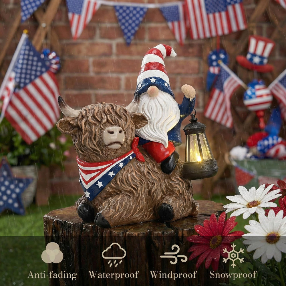 TERESA'S COLLECTIONS tabletop vignette with gnome enhances patriotic holiday décor