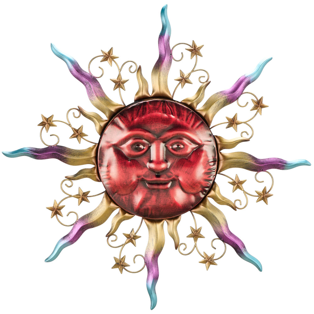 TERESA'S COLLECTIONS front view of red sun face metal wall art, bold focal point