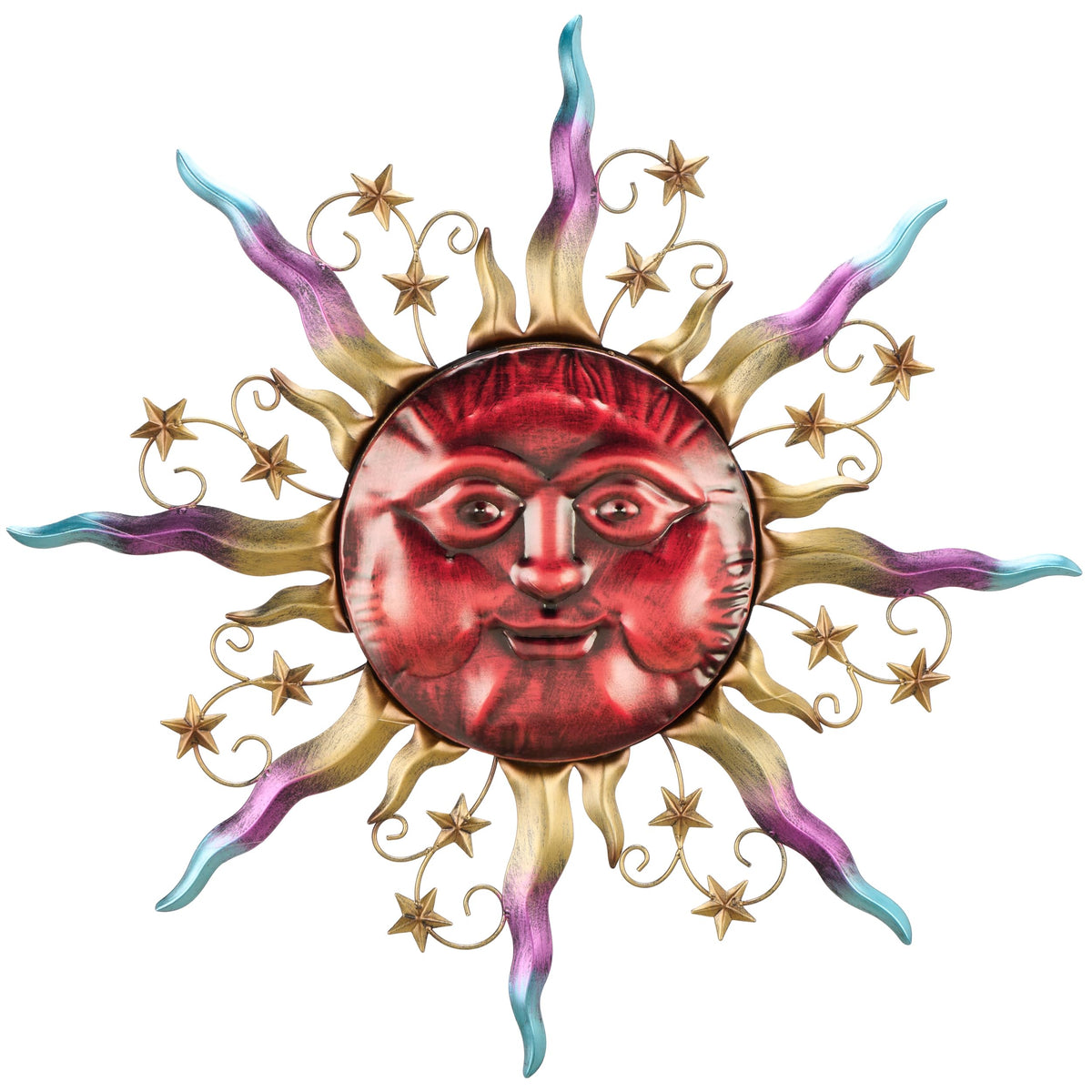 TERESA'S COLLECTIONS front view of red sun face metal wall art, bold focal point