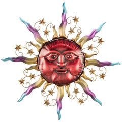 TERESA'S COLLECTIONS front view of red sun face metal wall art, bold focal point