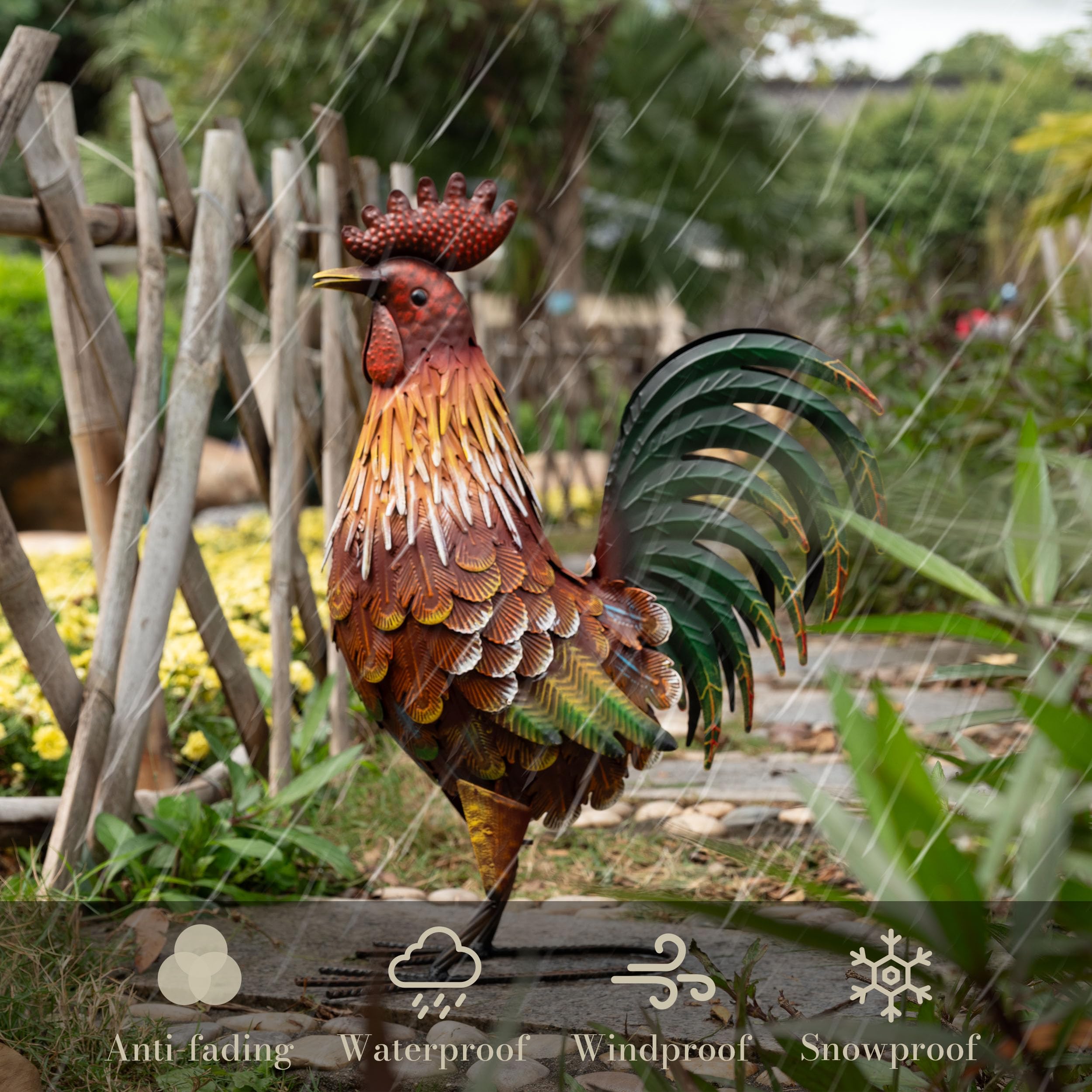 TERESA'S COLLECTIONS rooster beside garden tools showing manageable size for placement