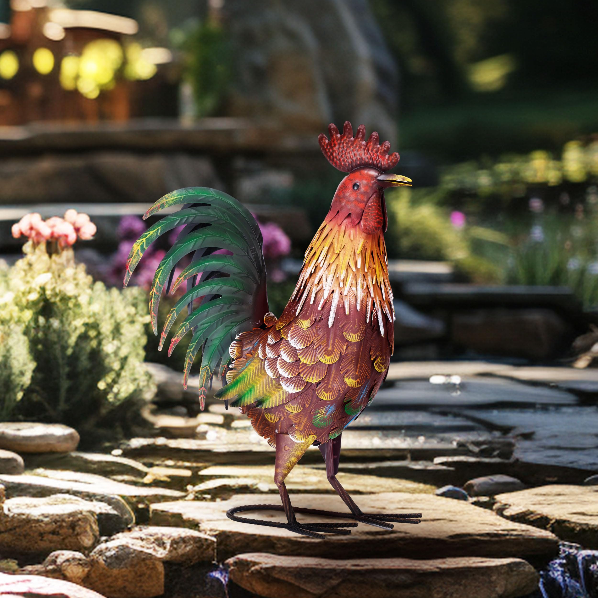 TERESA'S COLLECTIONS rooster side profile on lawn demonstrating outdoor presence and scale