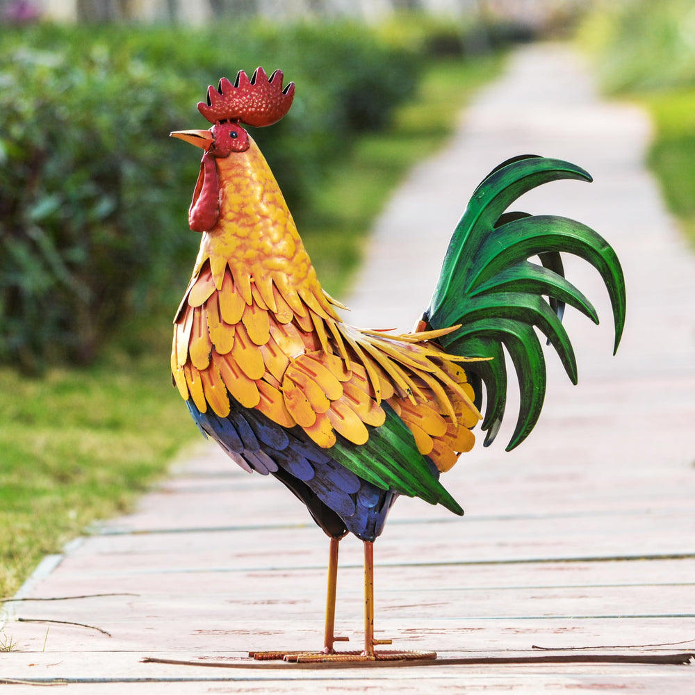 TERESA'S COLLECTIONS side profile of metal rooster highlighting shape and outdoor-ready build