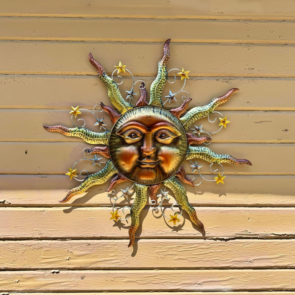 TERESA'S COLLECTIONS sun face mounted in garden adding warm visual interest