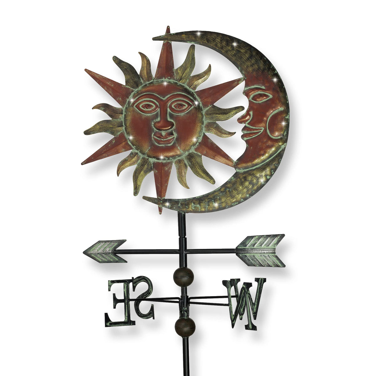 TERESA'S COLLECTIONS front view of sun and moon weathervane stake showing decorative glow and garden impact