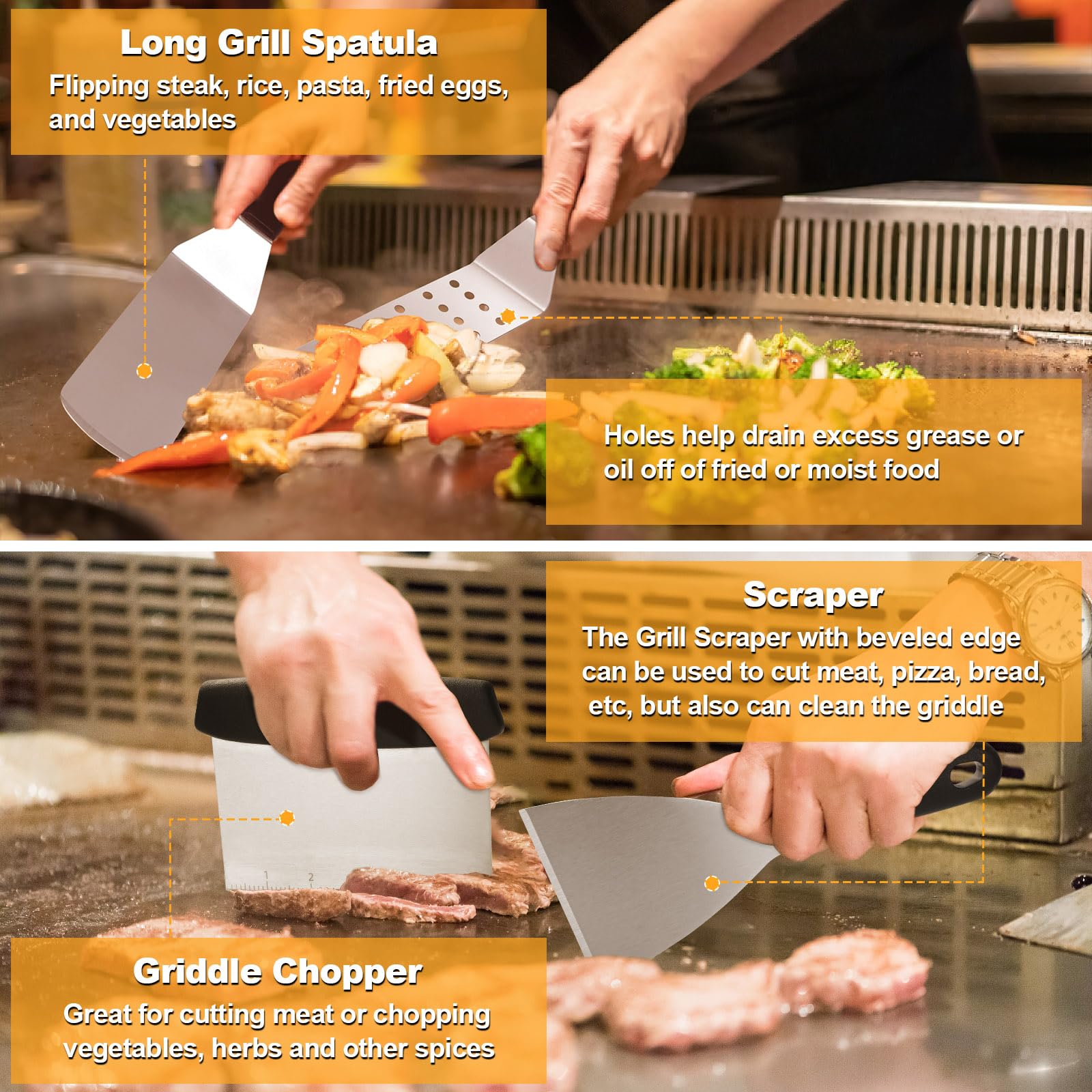 terlulu scraper and chopper on griddle surface for fast cleanup